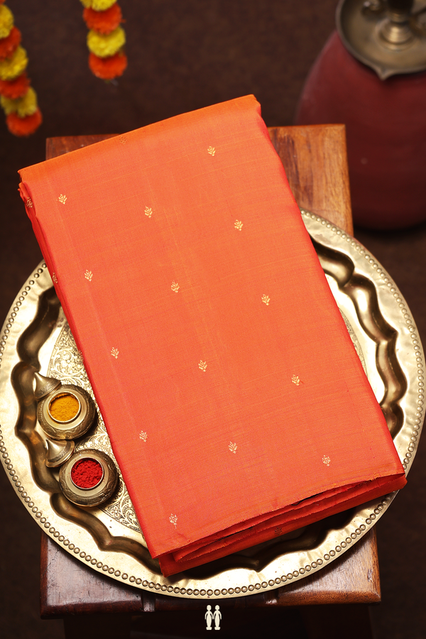 Kanchipuram Silk Saree In Bright Orange With Zari Buttis