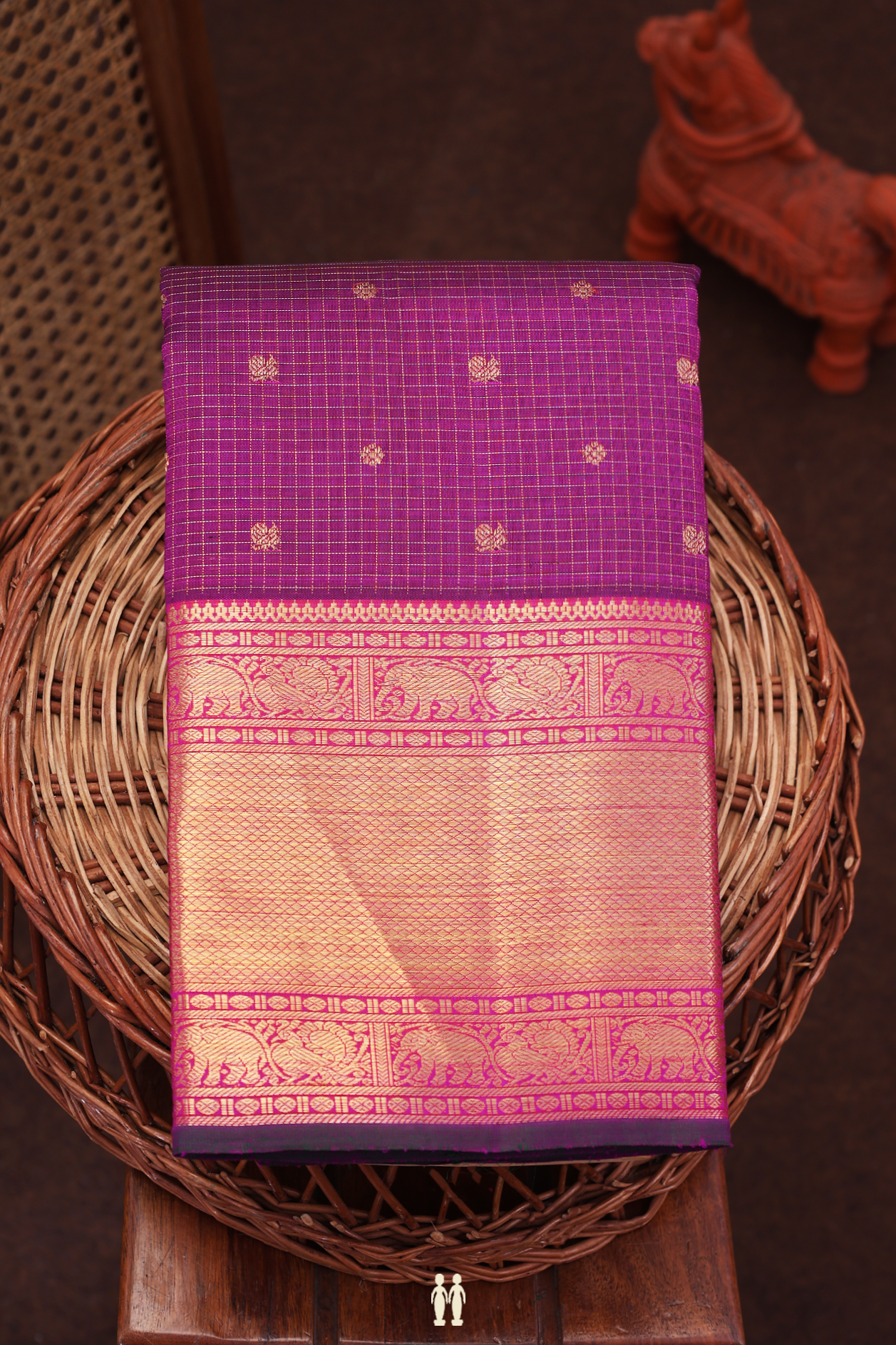 Kanchipuram Silk Saree Grape Purple Along Checks With Buttas