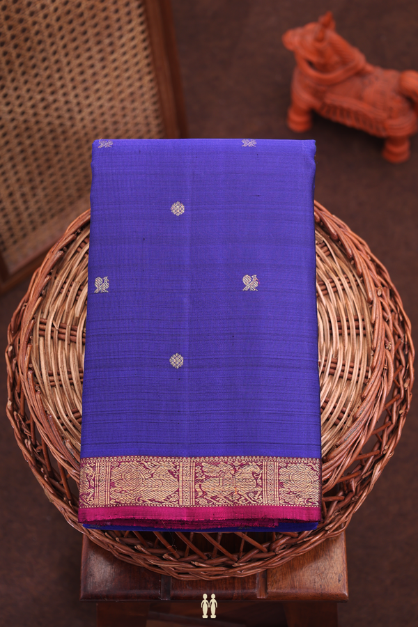 Kanchipuram Silk Saree In Royal Blue With Peacock Buttas