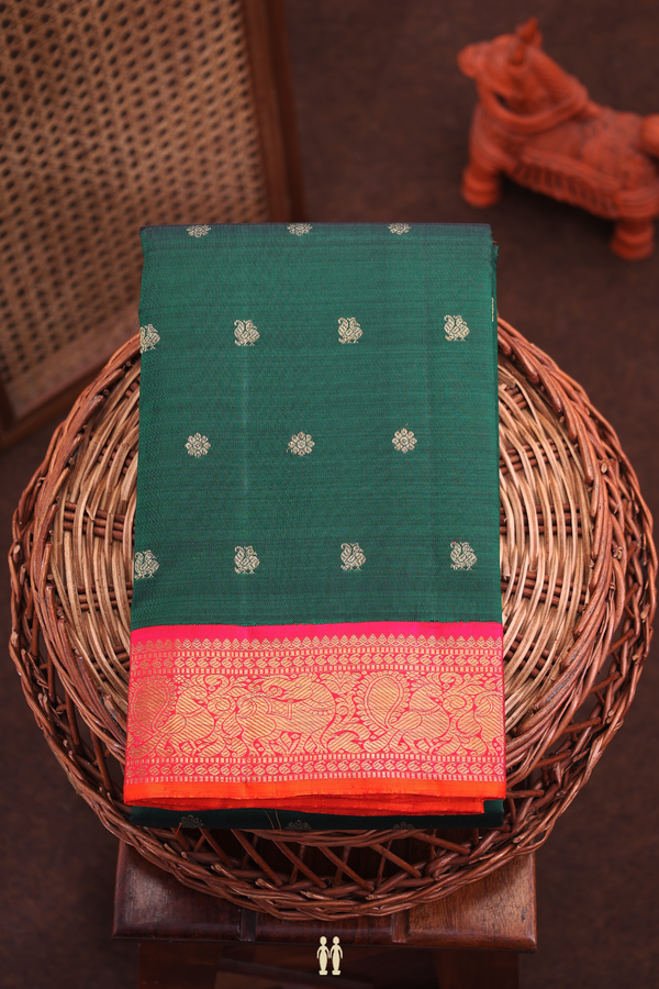 Kanchipuram Silk Saree In Forest Green With Peacock Buttas