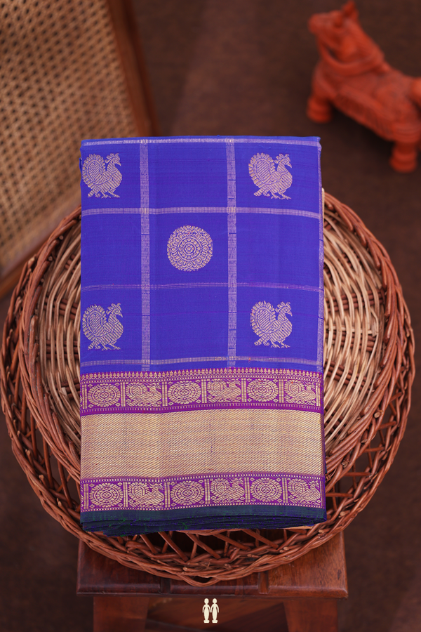Kanchipuram Silk Saree In Royal Blue With Checks Design