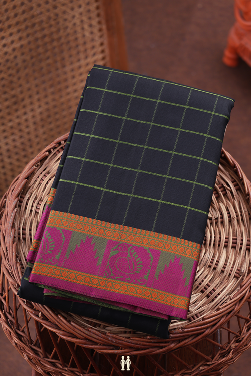 Kanchipuram Silk Saree In Black With Checks Design