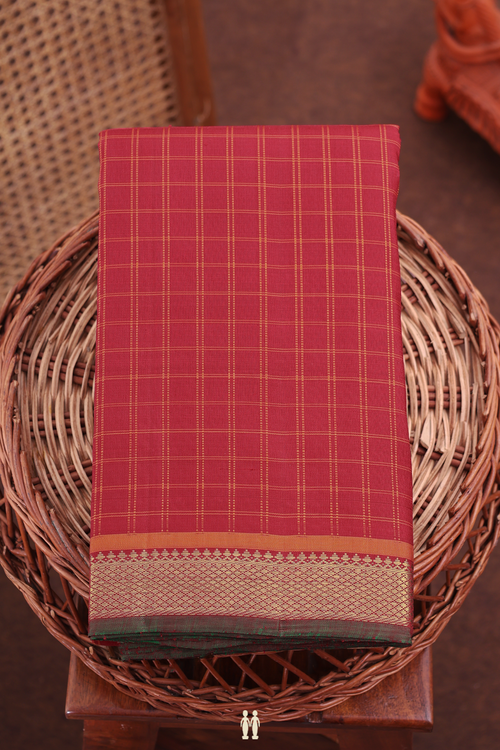 Kanchipuram Silk Saree In Crimson Red With Checks Design