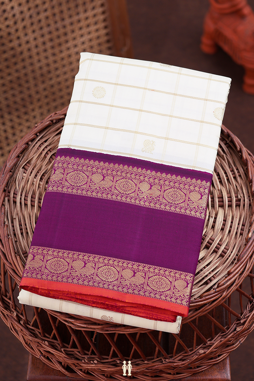 Kanchipuram Silk Saree In White With Checks Design