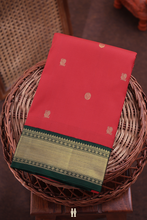 Kanchipuram Silk Saree Chilli Red With Peacock Chakram Buttas