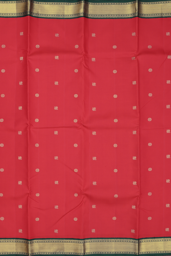 Kanchipuram Silk Saree Chilli Red With Peacock Chakram Buttas