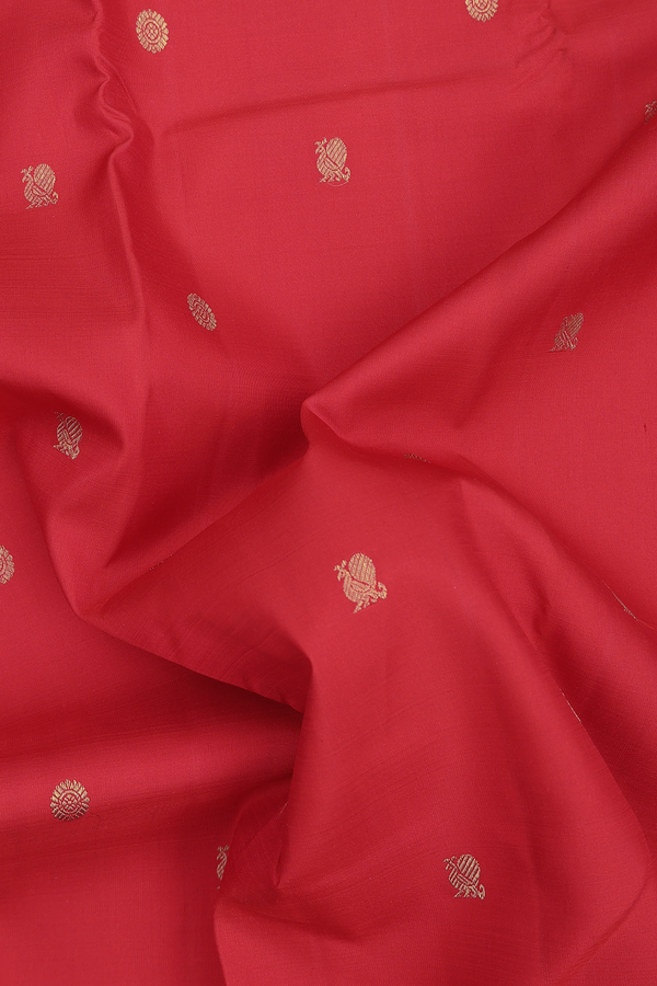 Kanchipuram Silk Saree Chilli Red With Peacock Chakram Buttas