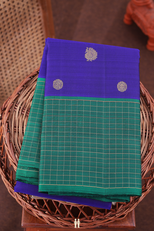 Kanchipuram Silk Saree In Royal Blue With Peacock Buttas