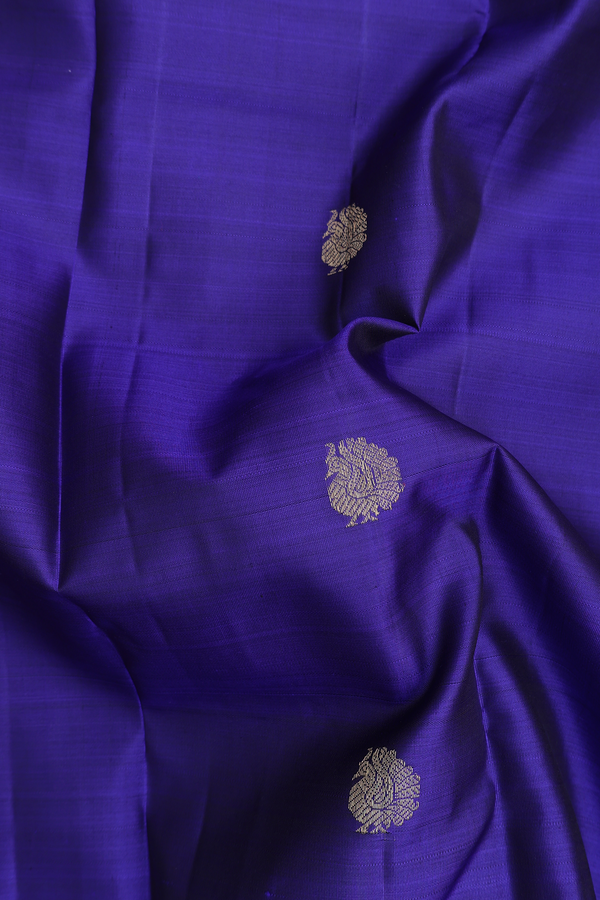 Kanchipuram Silk Saree In Royal Blue With Peacock Buttas