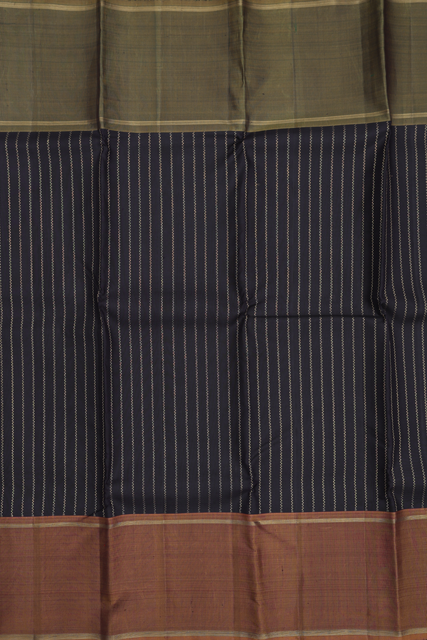 Kanchipuram Silk Saree In Black With Stripes Design