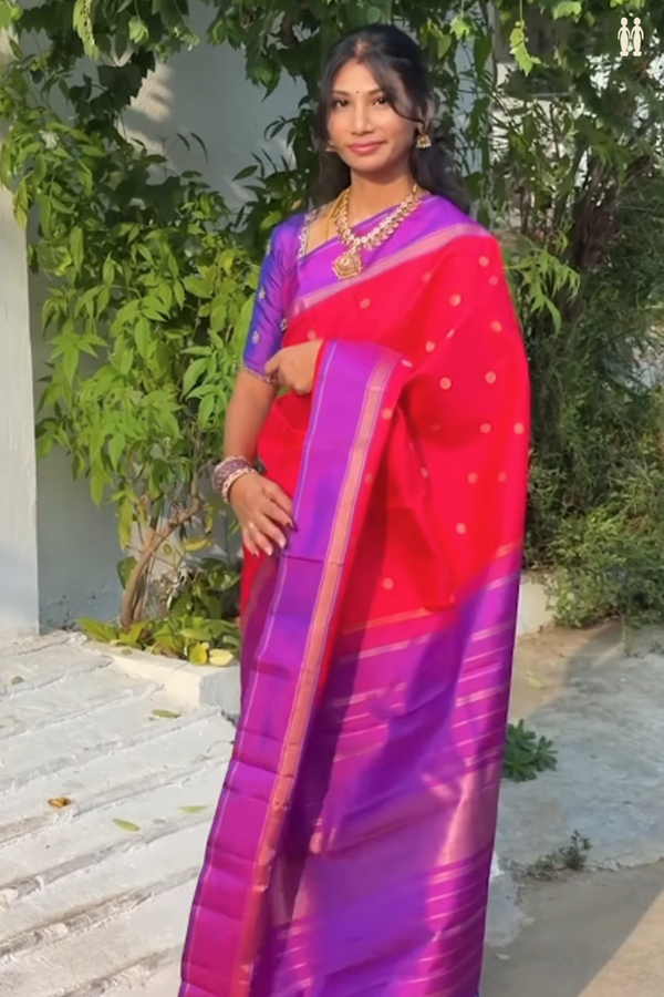 Kanchipuram Silk Saree In Reddish Pink With Chakrm Buttas