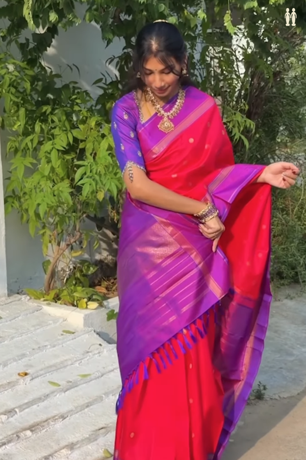 Kanchipuram Silk Saree In Reddish Pink With Chakrm Buttas