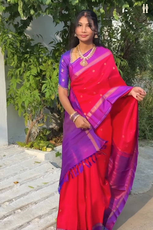 Kanchipuram Silk Saree In Reddish Pink With Chakrm Buttas
