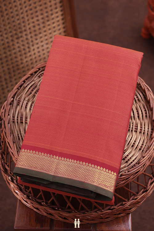 Kanchipuram Silk Saree In Orange And Red With Stripes Design