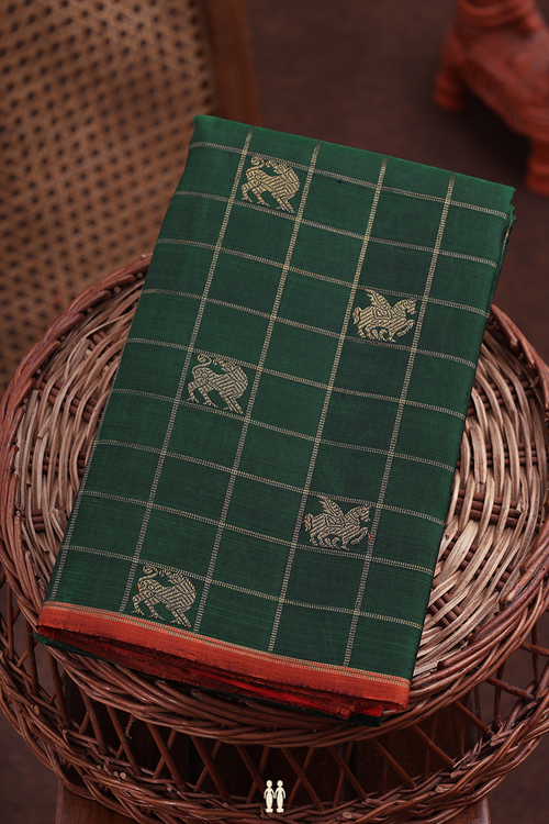 Kanchipuram Silk Saree In Forest Green With Checks Design