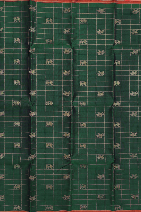 Kanchipuram Silk Saree In Forest Green With Checks Design
