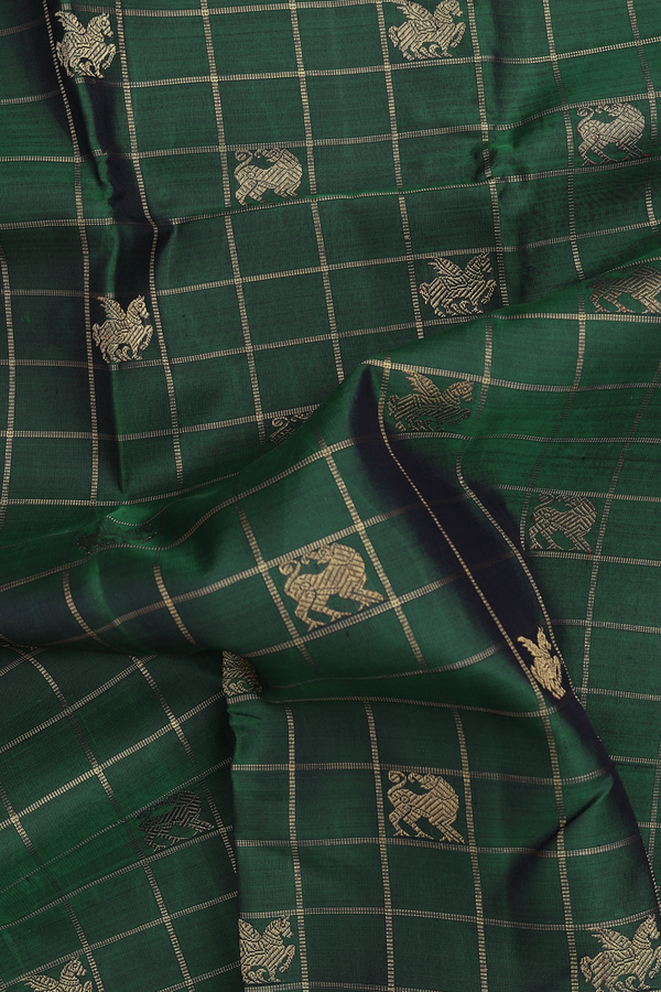 Kanchipuram Silk Saree In Forest Green With Checks Design