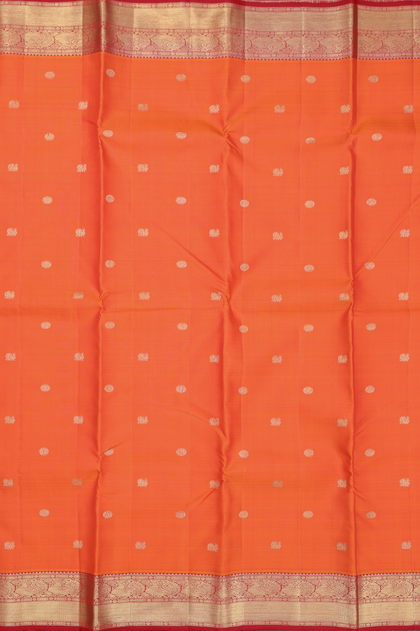 Kanchipuram Silk Saree In Bright Orange With Peacock Buttas