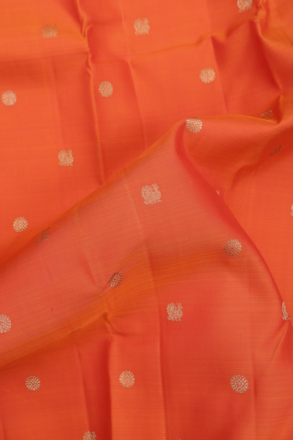 Kanchipuram Silk Saree In Bright Orange With Peacock Buttas