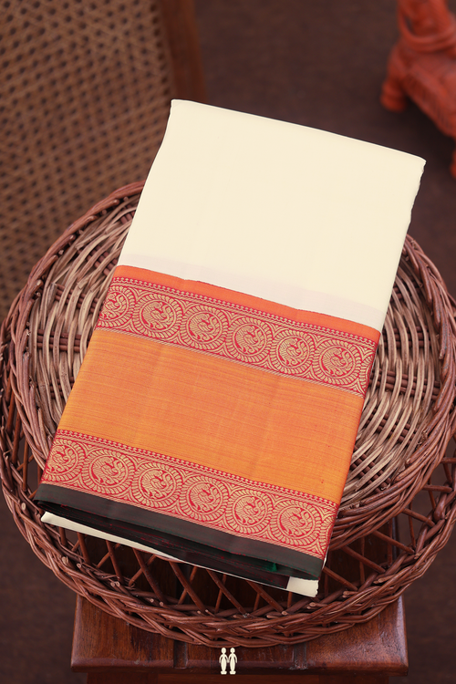 Kanchipuram Silk Saree In Off White With Rettai Pettu Border