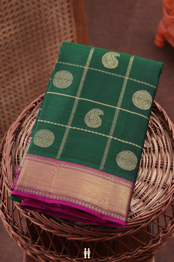 Kanchipuram Silk Saree In Green Along Checks With Buttas