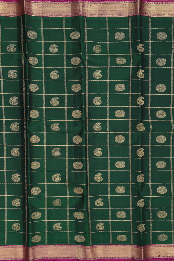 Kanchipuram Silk Saree In Green Along Checks With Buttas
