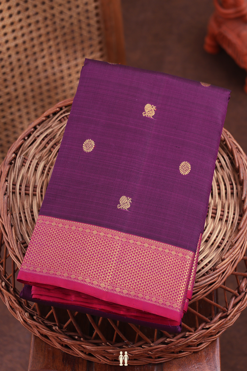 Kanchipuram Silk Saree In Grape Purple With Peacock Buttas