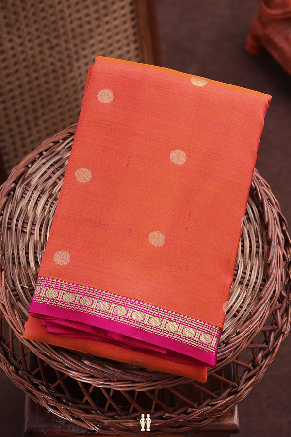 Kanchipuram Silk Saree In Coral Orange With Rudraksh Buttas