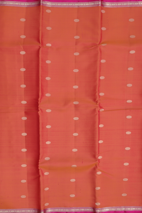 Kanchipuram Silk Saree In Coral Orange With Rudraksh Buttas