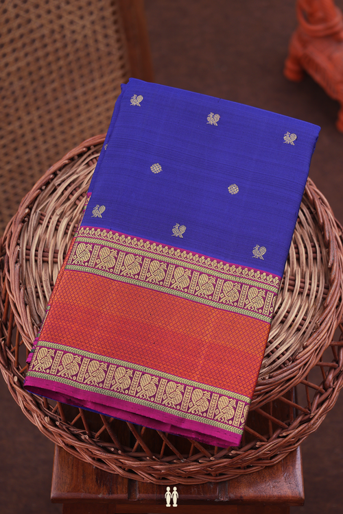 Kanchipuram Silk Saree In Royal Blue With Peacock Buttas