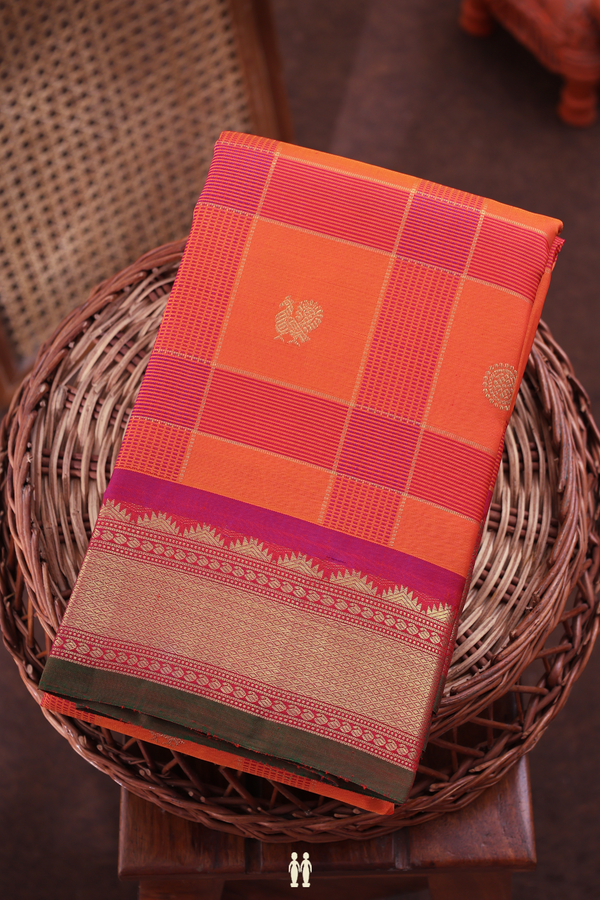 Kanchipuram Silk Saree In Pink And Orange With Checks Design