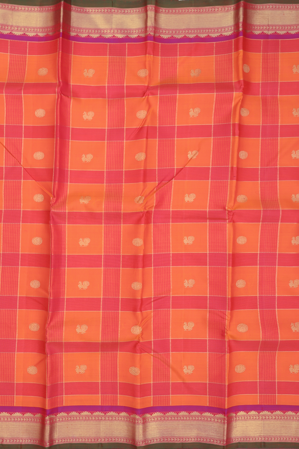 Kanchipuram Silk Saree In Pink And Orange With Checks Design