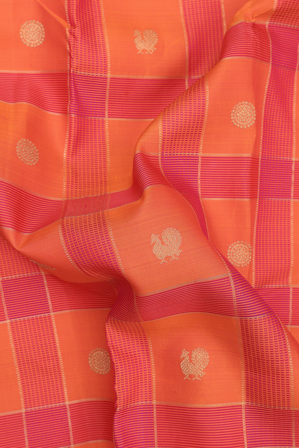 Kanchipuram Silk Saree In Pink And Orange With Checks Design