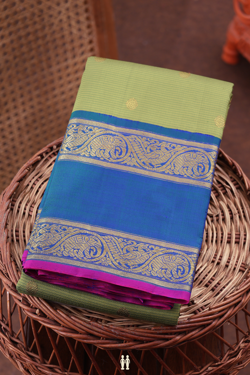 Kanchipuram Silk Saree In Green Along Stripes With Buttas