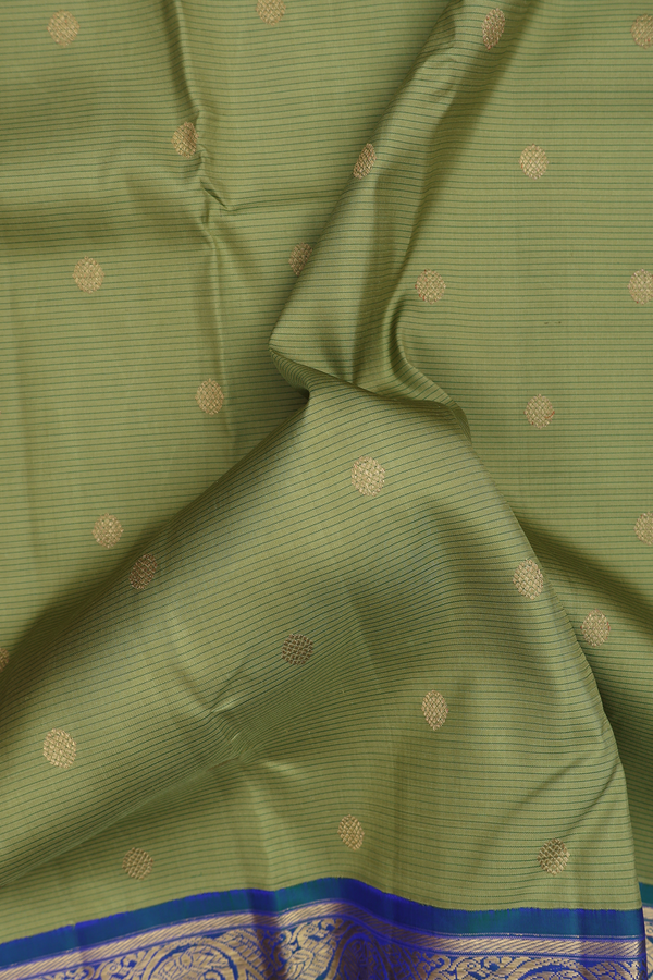 Kanchipuram Silk Saree In Green Along Stripes With Buttas