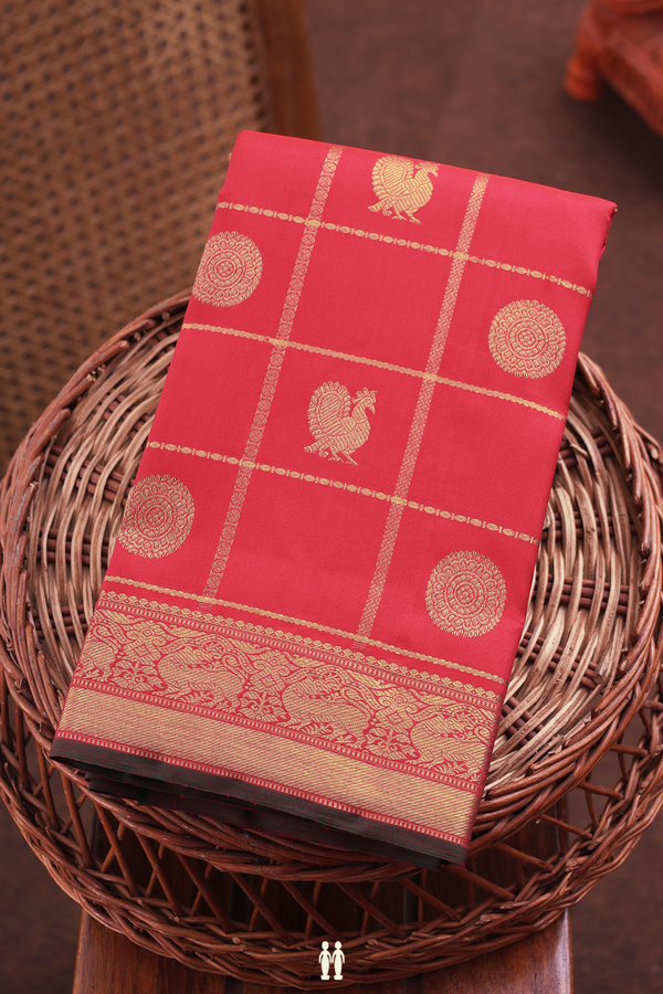 Kanchipuram Silk Saree In Scarlet Red With Checks Design