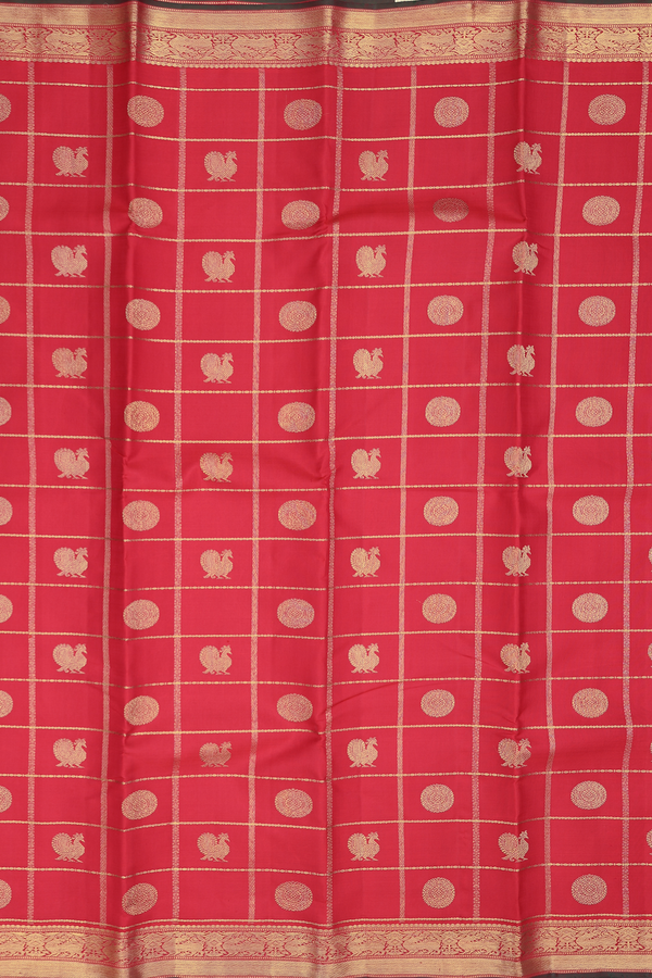Kanchipuram Silk Saree In Scarlet Red With Checks Design