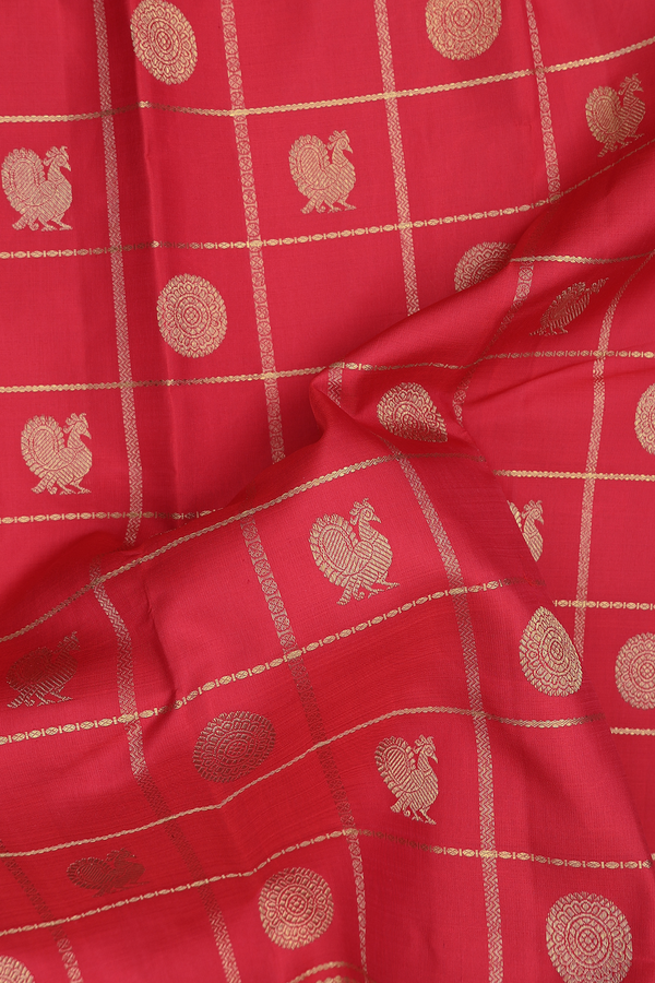 Kanchipuram Silk Saree In Scarlet Red With Checks Design