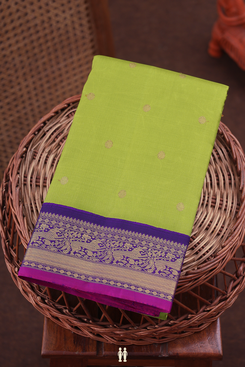 Kanchipuram Silk Saree In Parrot Green With Rudraksh Buttas