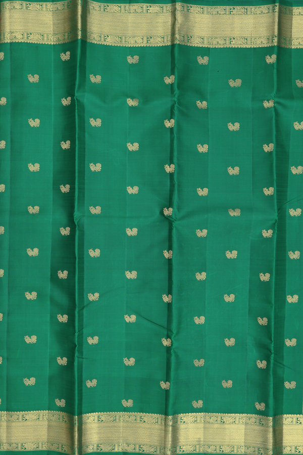 Kanchipuram Silk Saree In Emerald Green With Peacock Buttas