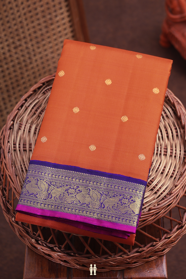 Kanchipuram Silk Saree In Spiced Orange With Zari Buttas