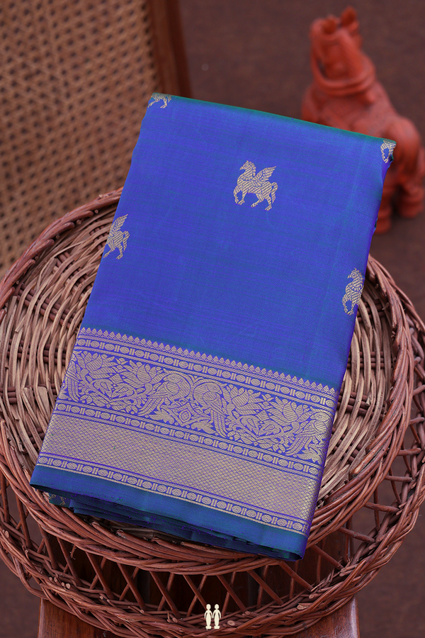 Kanchipuram Silk Saree In Blue With Horse Buttas