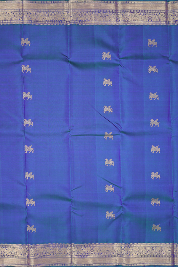 Kanchipuram Silk Saree In Blue With Horse Buttas