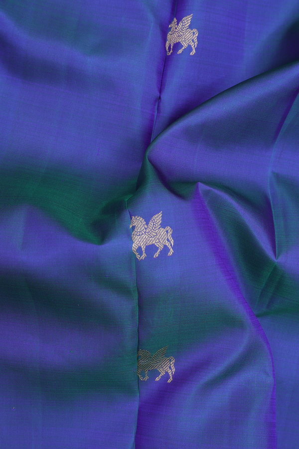 Kanchipuram Silk Saree In Blue With Horse Buttas