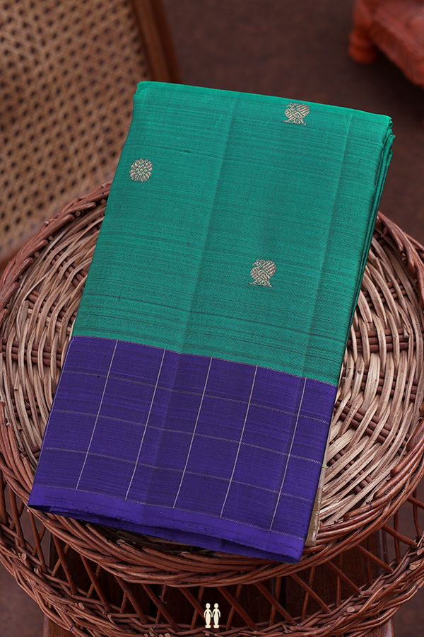 Kanchipuram Silk Saree In Green With Peacock Buttas