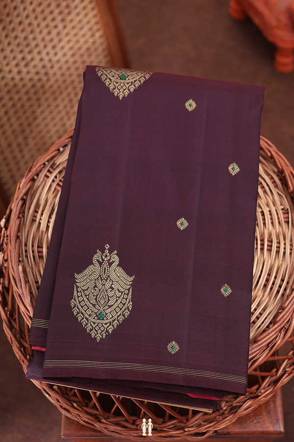 Kanchipuram Silk Saree In Coffee Brown With Peacock Buttas