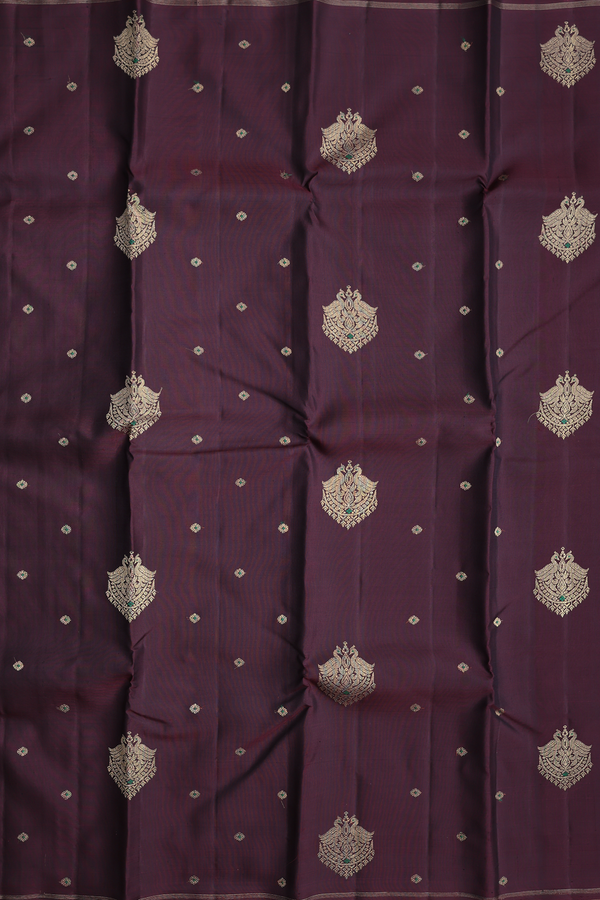 Kanchipuram Silk Saree In Coffee Brown With Peacock Buttas