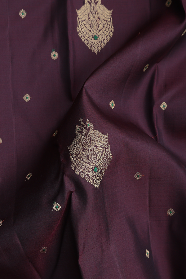 Kanchipuram Silk Saree In Coffee Brown With Peacock Buttas