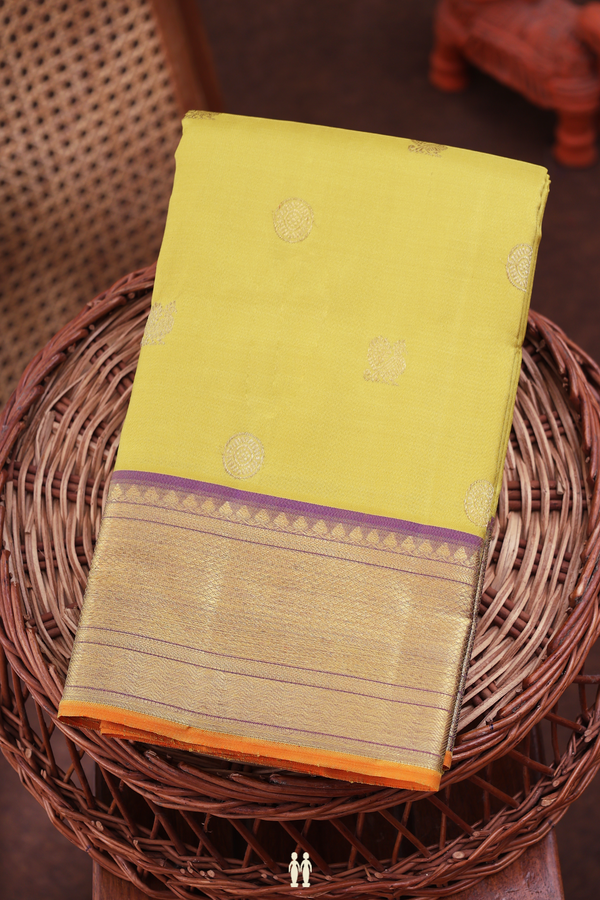 Kanchipuram Silk Saree In Sunflower Yellow With Chakram Buttas