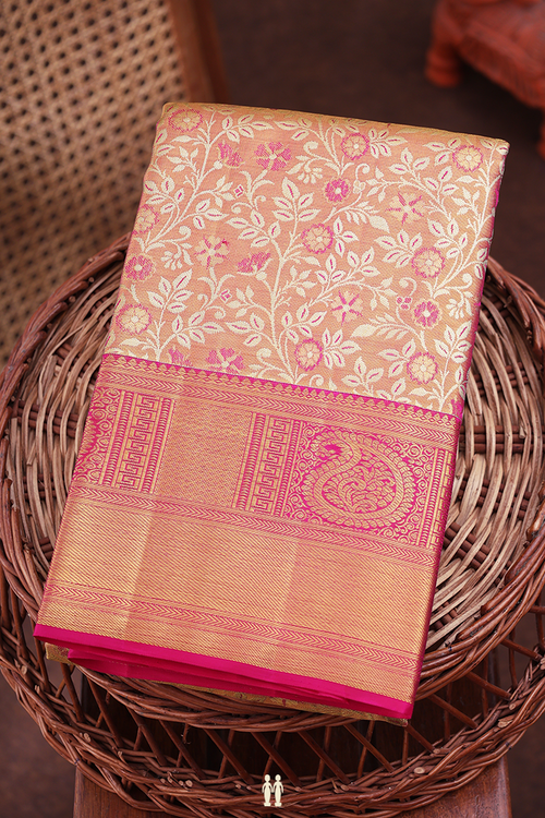 Kanchipuram Silk Saree In Tissue Pink With Floral Design